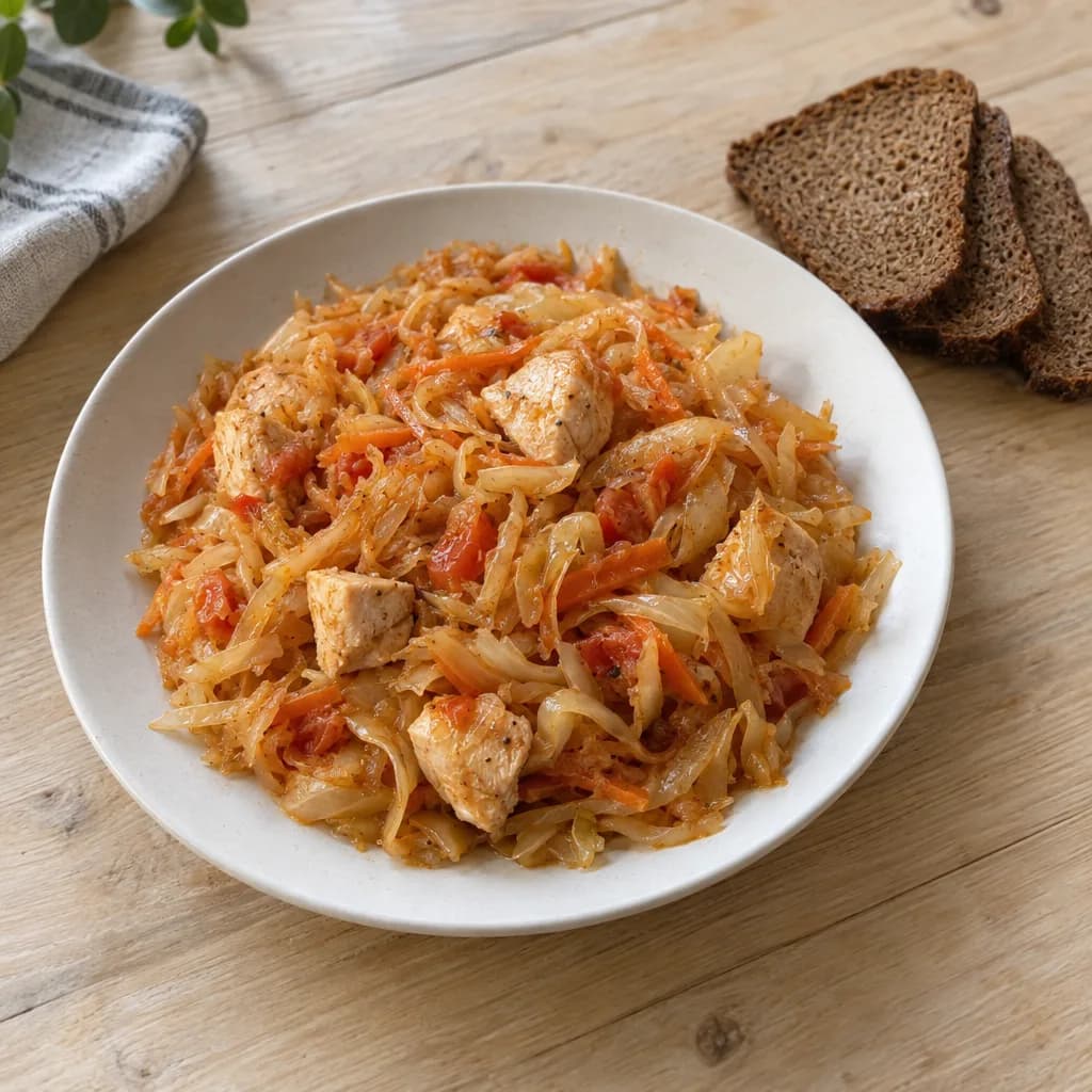 Капуста, тушённая с курицей