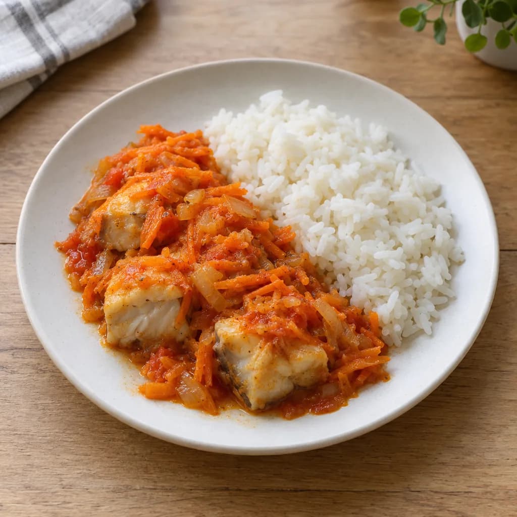 Минтай, тушённый с овощами, и рис